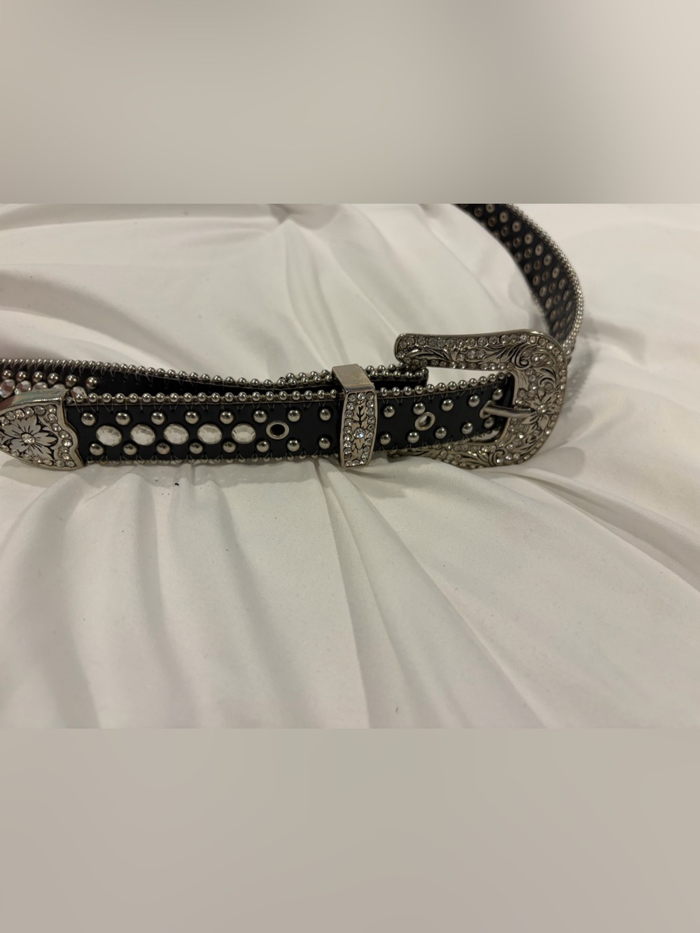 Women’s Western Rhinestone Studded Belt – Black & Silver – Size 38 - Picture 4 of 7